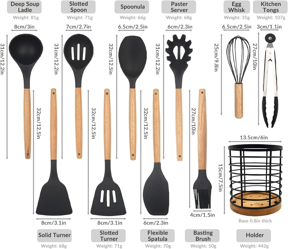 Daily Treasures 12PCS Kitchen Utensils Set,Cooking Utensils Set with Storage Holder,Kitchen Tools Made of Heat Resistant Food Grade Silicone and Wooden Handles for Nonstick Cookware