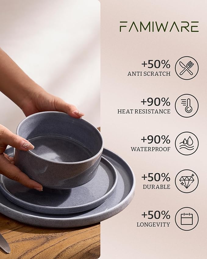 Famiware Annecy Plates and Bowls Sets, 12 Pieces Dinnerware Sets, Microwave and Dishwasher Safe Dishes Set for 4, Chip and Scratch Resistant, Misty-Blue