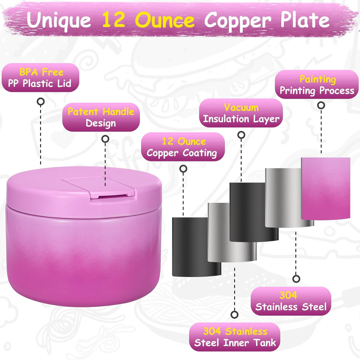 12oz Insulated Vacuum Food Jar with Buckle Lid Wide Mouth Soup Thermo for Hot Food Kids Leakproof Stainless Steel Lunch Container (Gradient Purple, 12OZ)