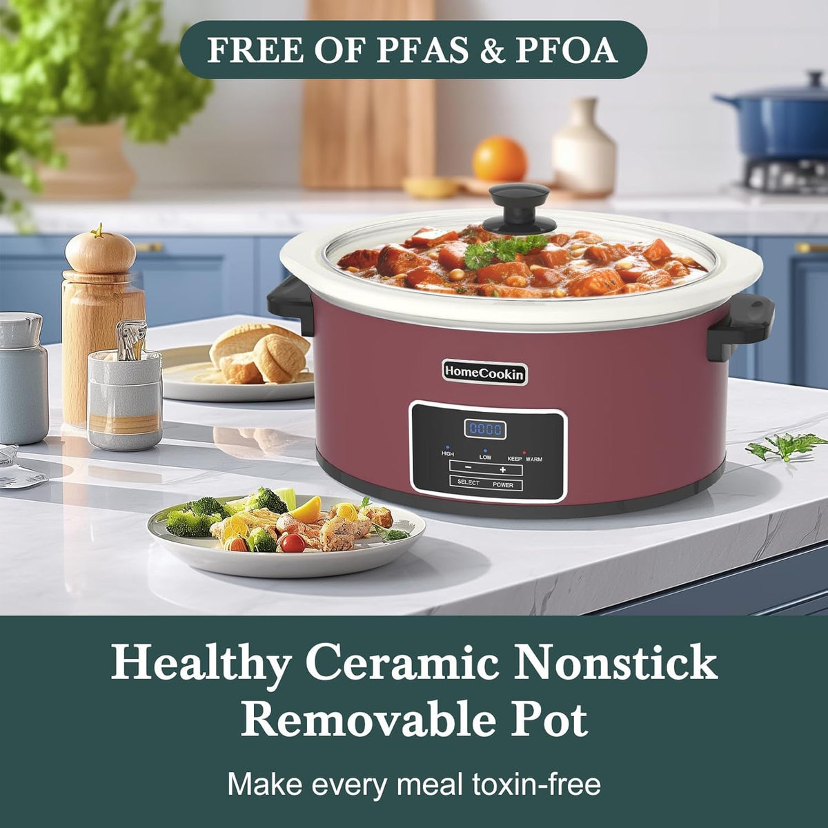 HOMECOOKIN 6-Quart Programmable Slow Cooker with Timer - Small Kitchen Appliance for Family Dinners - Serves 6+ People - Heat Settings: Keep Warm(Red Shell + White Ceramic Liner)