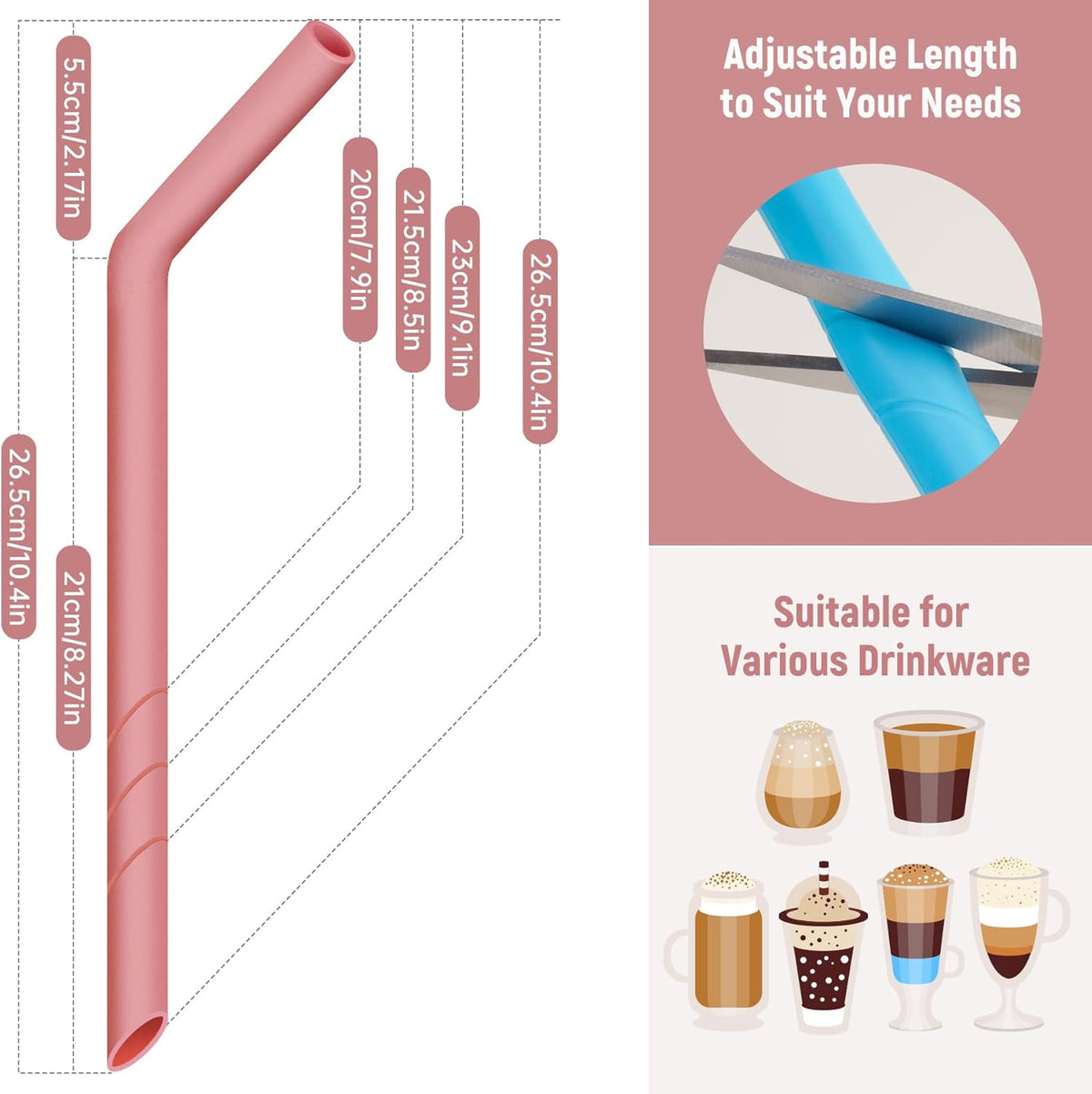 NiHome 6-Pack Extra Wide Reusable Bent Silicone Straws for Boba, Smoothies, Bubble Tea, Bent Straws Eco-Friendly & Colorful for Thick Drinks, Child-Safe, Customizable Length, 2 Brushes Easy Cleaning