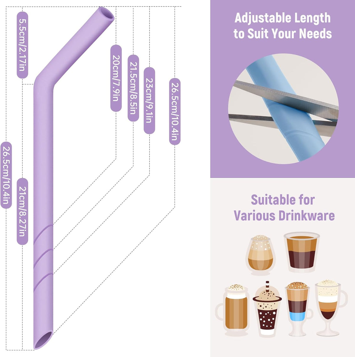 NiHome 6PCS Extra Wide Reusable Bent Silicone Straws for Boba, Smoothies, Bubble Tea, Eco-Friendly Bent Straws for Thick Drinks, Child-Safe, Customizable Length, 2 Brushes Easy Cleaning (Macaron)