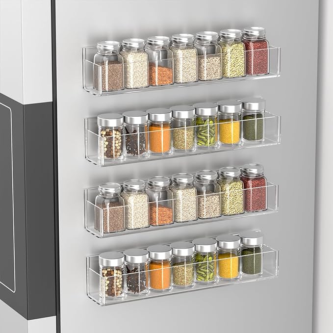 PMMASTO Adhesive Acrylic Spice Rack Organizer for Wall with 2 Nano Double Sided Tape, Spice Shelf Organization for Kitchen Cabinet Door/Pantry Door, Wall Mount Seasoning Rack (Clear-4 Pack)
