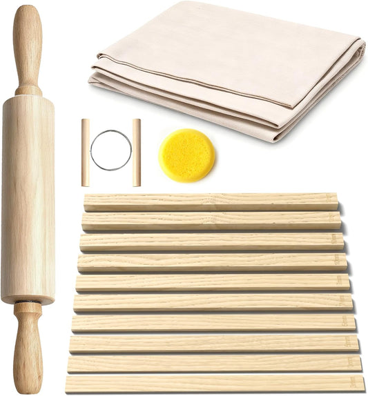 13 Pcs Pottery Tools, 5 Size Teaching Rolling Mud Stick Guide, Wood Rolling Pin, Pottery Special Linen, Clay Fabric, Sponge, Premium Pottery Tools for Hobbyists & Ceramic Artists