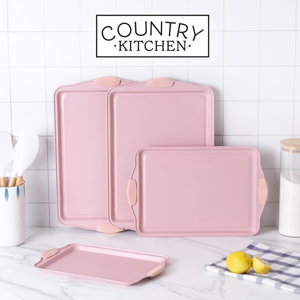 Country Kitchen Nonstick Stackable Bakeware Set - Heavy Duty, Durable, Easy Release Baking Set, Pink, 4 Pcs