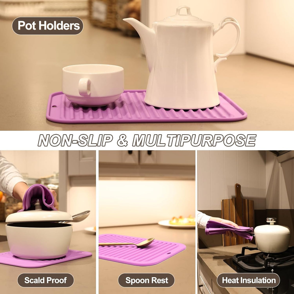 Joyhalo 4 Pack Silicone Trivets for Hot Pots and Pans,480℉ Heat Resistant Trivets for Hot Dishes,Hot Pads for Countertop,Kitchen Potholders,Purple
