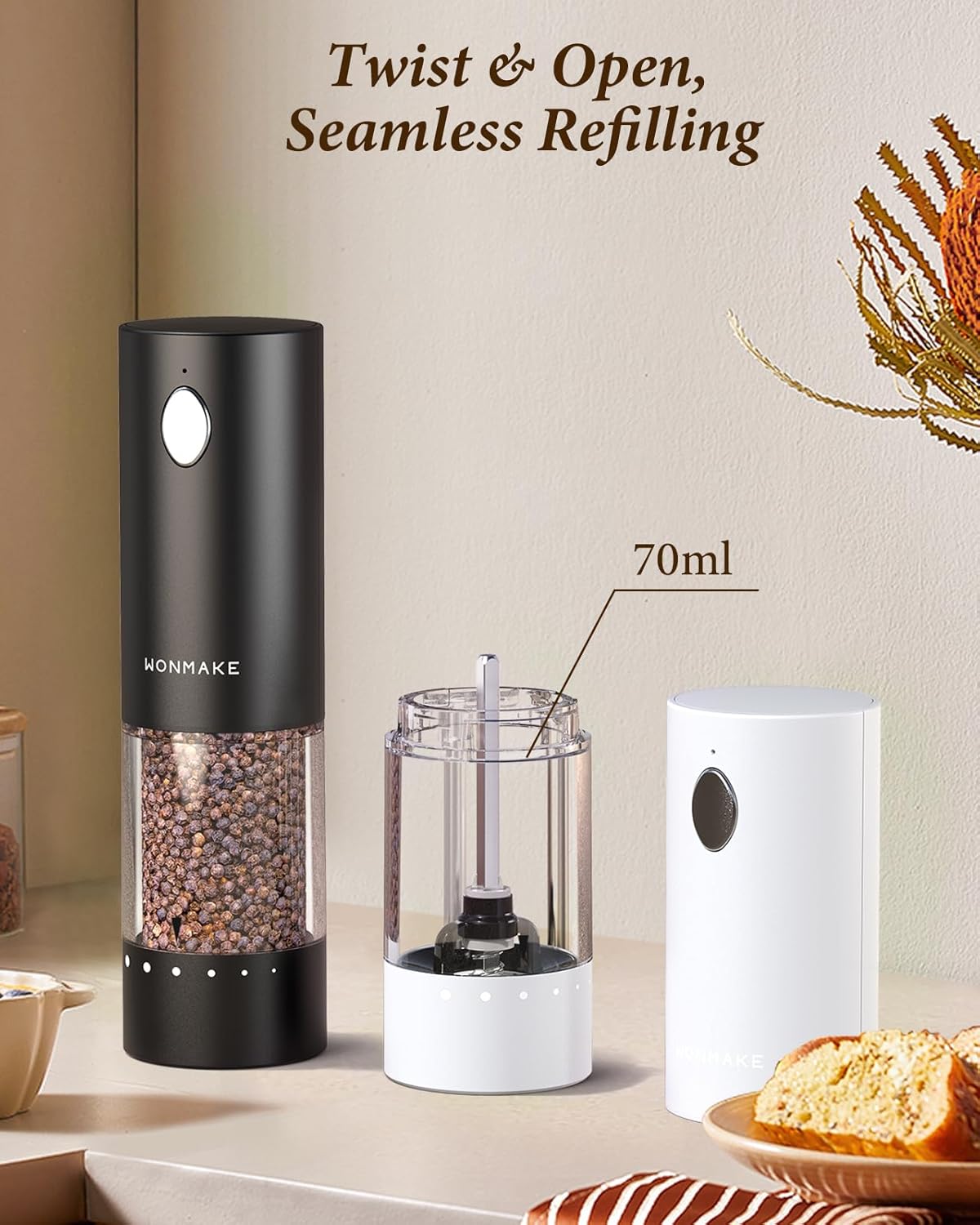 Electric Salt and Pepper Grinder Set - Automatic Refillable Salt and Pepper Grinders with Charging Base & LED Light, 6-Level Adjustable Coarseness with External Dial, Ideal Kitchen Gadget，Black& White