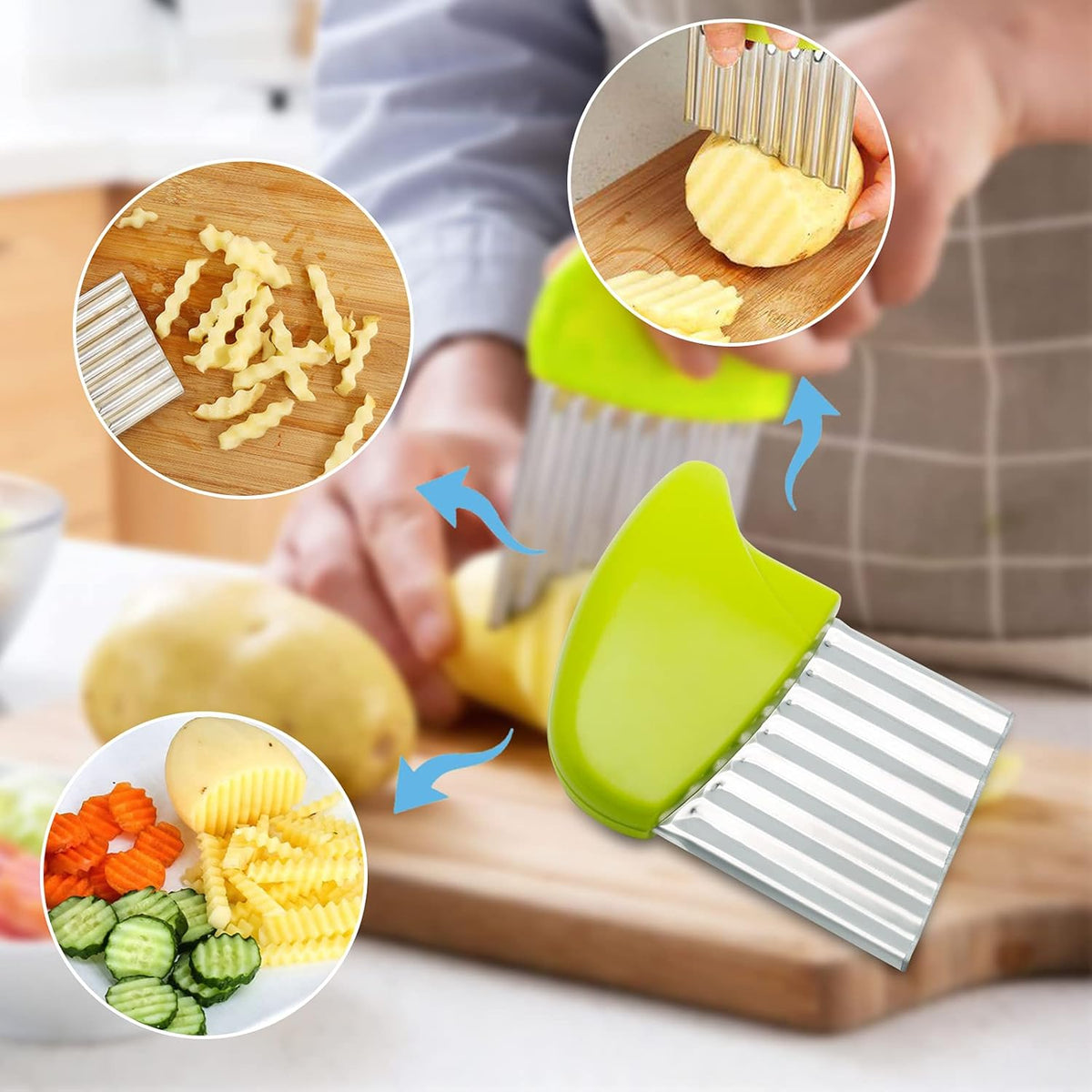 Luomorgo 4 Pack Stainless Steel Potato Crinkle Cutter Carrot Wavy Knife French Fry Slicer Vegetable Wavy Chopper, Green & Pink & Blue & Yellow