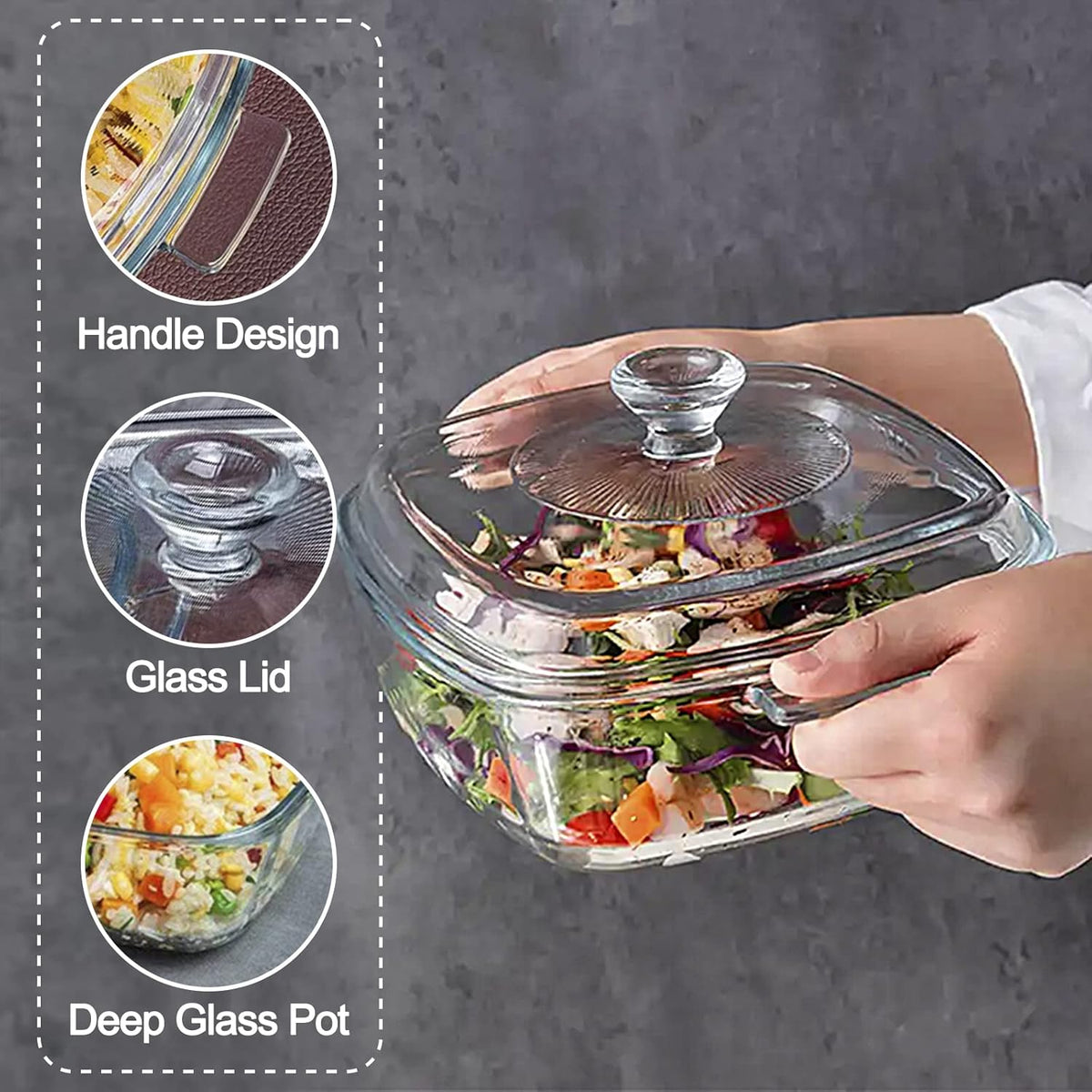Clear Square Glass Casserole with Lid, Baking Dish with Glass Cover, Oven, Freezer and Dishwasher Safe (1.2-Quart Square)