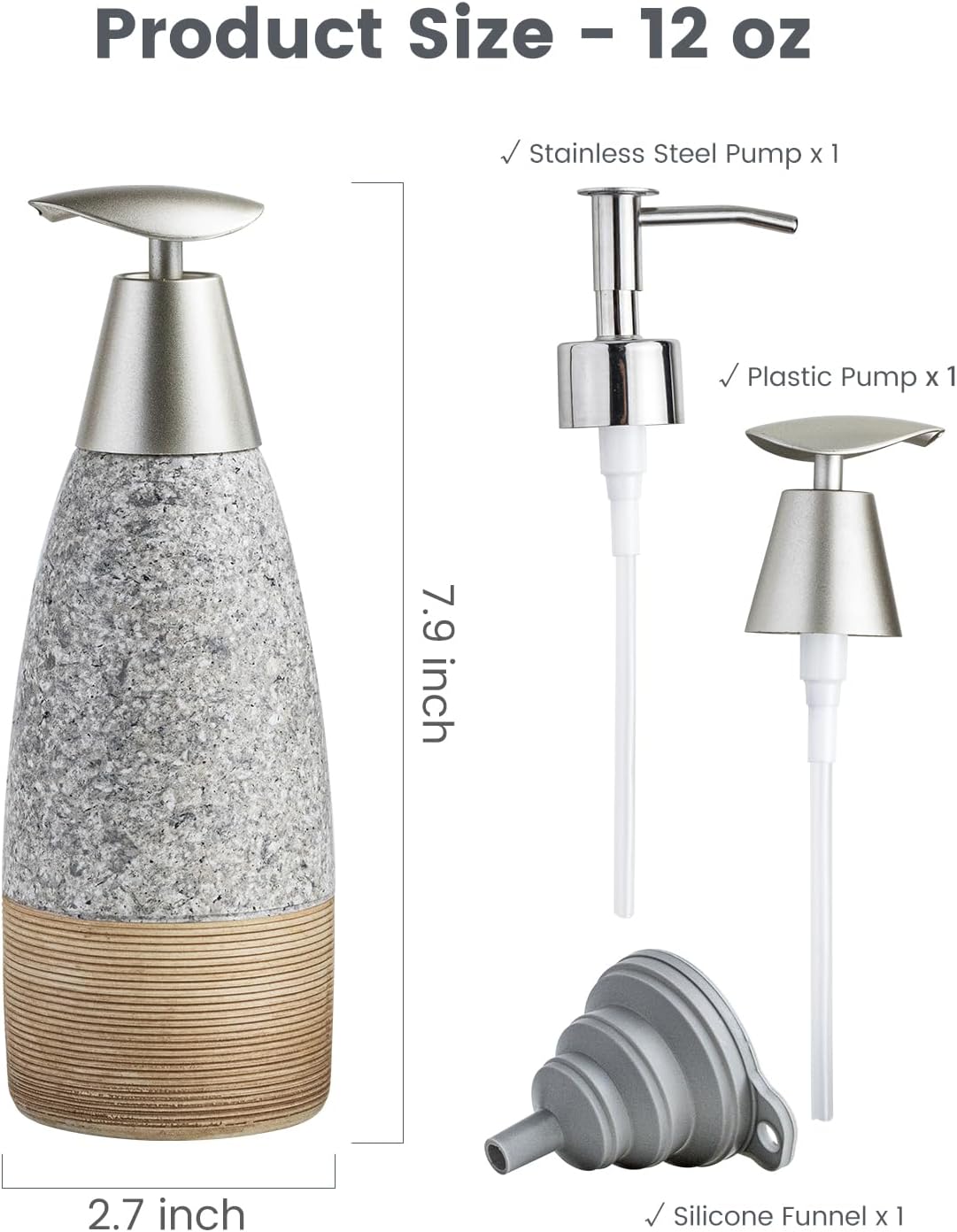 Ceramic Soap Dispenser with 2 Pumps, 12 oz Refillable Liquid Hand Soap Dispenser for Shampoo, Bathroom & Kitchen, Includes Silicone Funnel, Plastic and Stainless Steel Pump, Granite Grey