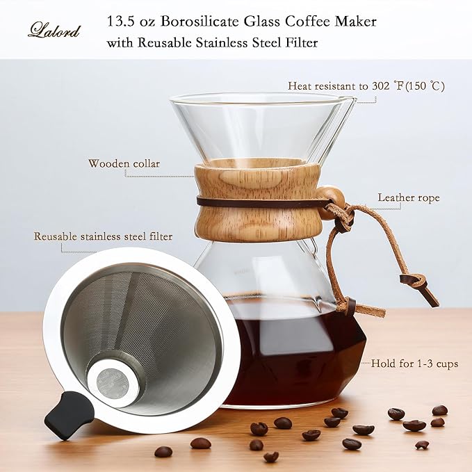 Lalord Pour Over Coffee Maker with Stainless Steel Filter, Borosilicate Glass Coffee Carafe, Modern Wooden Collar, Coffee Maker Carafe, Hold 2 Cups, 400 ml/13.5 oz, Clear