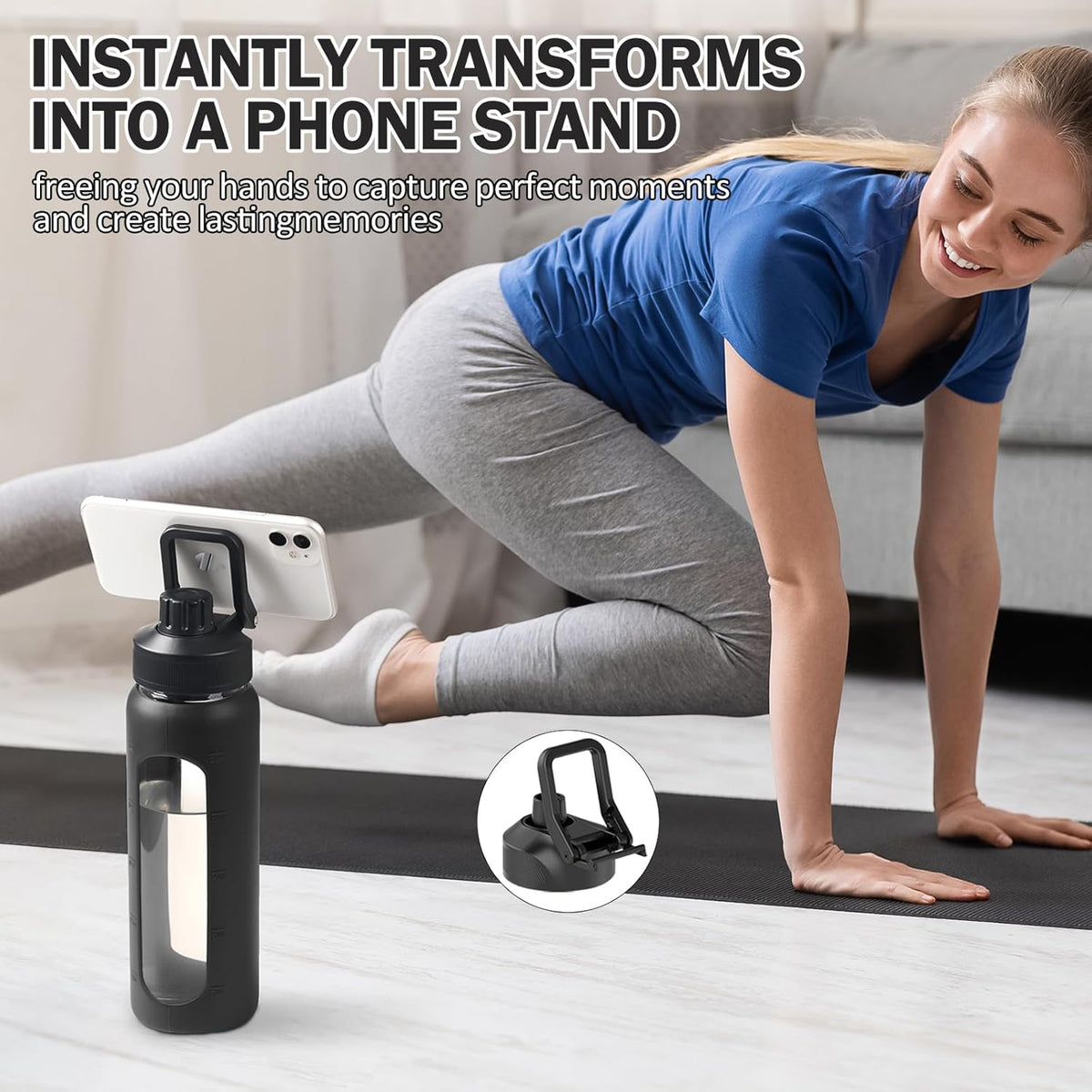 32oz Glass Water Bottle with Straw and 2 Lids- Bamboo Straw and Spout Lid with Phone Holder for Gym, Glass Drinking Bottles with Silicone Sleeve and Motivational Time Marker, Black