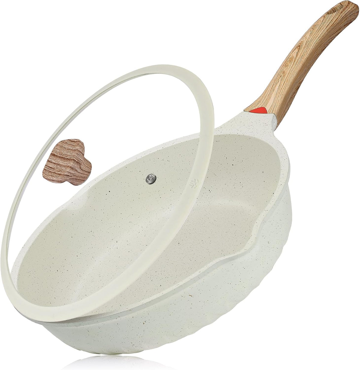 Vinchef Nonstick Deep Frying Pan, Saute Pan with Lid, 11"/5Qt, German 3C+ Ceramic Coating, Induction Compatible, White Color, Cookware for Kitchen