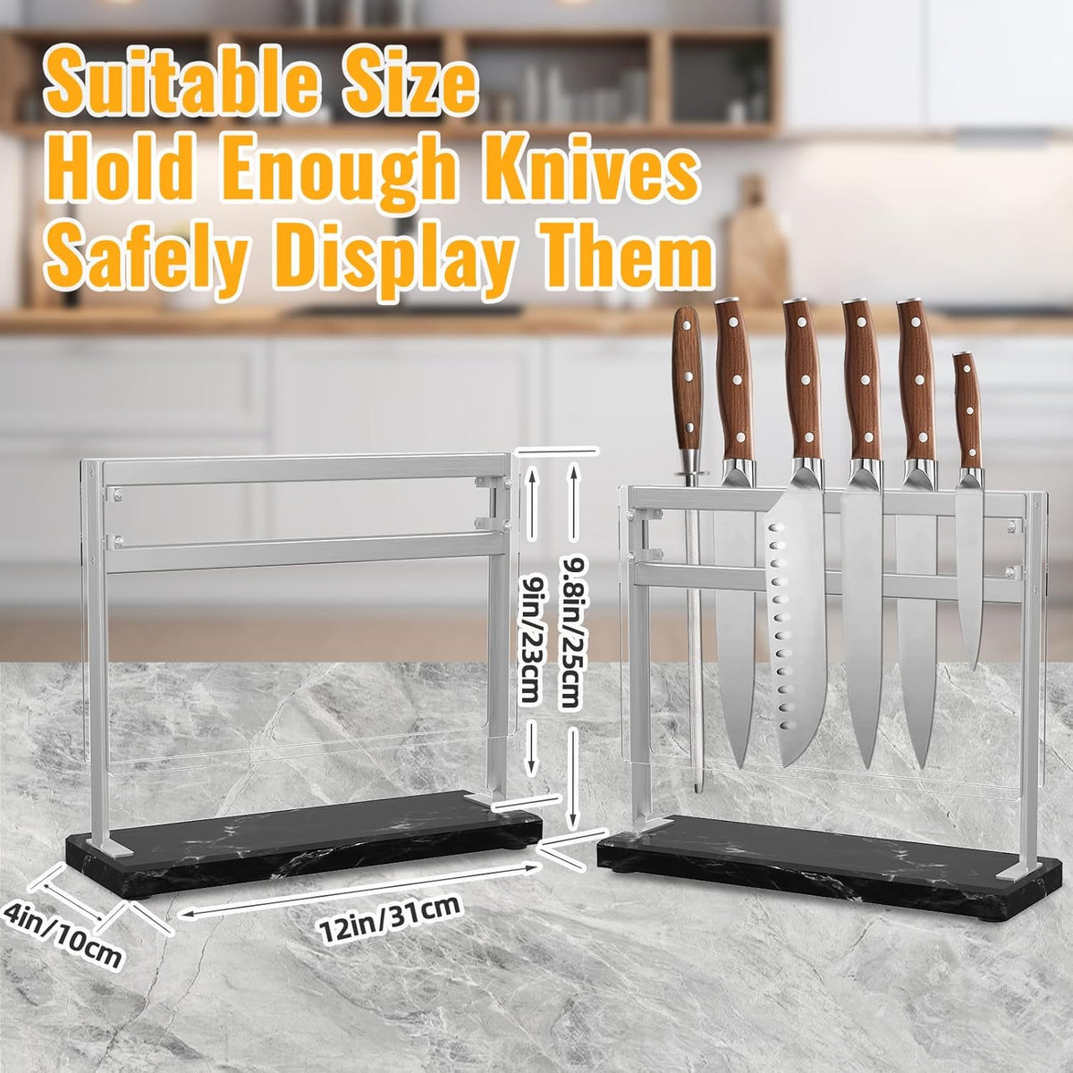 Magnetic Knife Stand Block with Marble Base, Double-sided Stainless Steel Magnets for Countertop with Acrylic Shield, Magnetic Knife Holder for Kitchen Storage, 12 IN, Black
