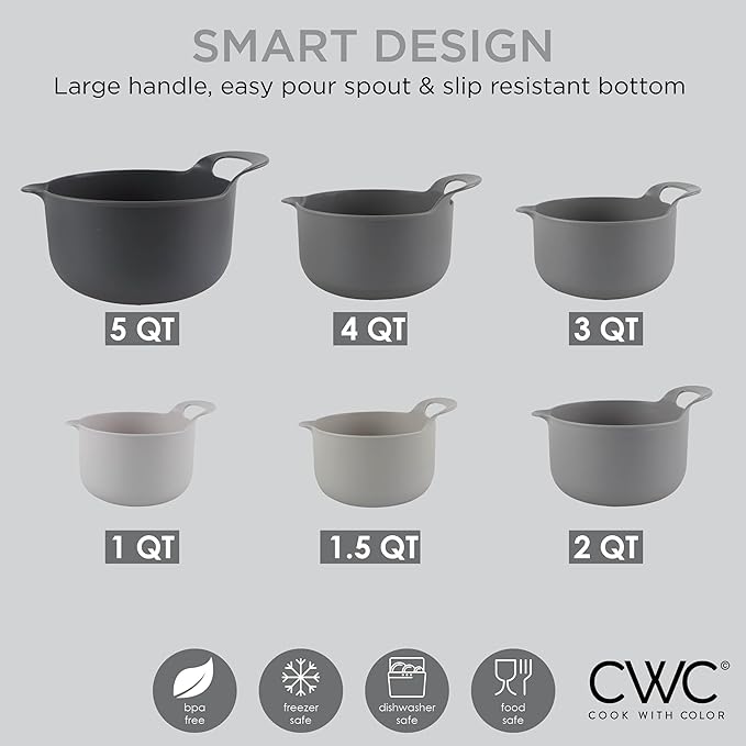 COOK WITH COLOR Nesting Plastic Mixing Bowl Set with Pour Spouts and Handles, Gray, 6 Piece Non-Slip