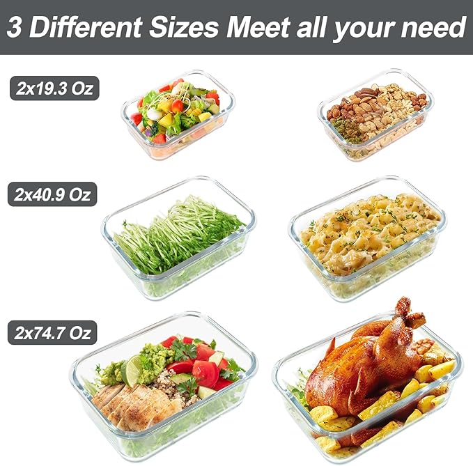 M MCIRCO 74.7oz(9.2 cup), 40.9oz(5 cup)& 19.3oz(2.4 cup) Extra Large Glass Food Storage Containers Set with Lids, 6 Pack Airtight Glass Storage Container for Microwave,Oven,Freezer Dishwasher