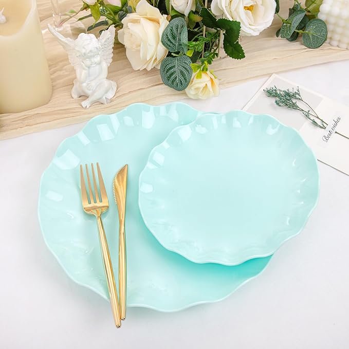 LIYH 24 Pcs Plastic Blue Plates Reusable - Unbreakable Ice Blue Party Scalloped Plates, Microwave & Dishwasher Safe Camping Plate Perfect for Parties, Wedding, Birthday, BPA Free (12Guests)