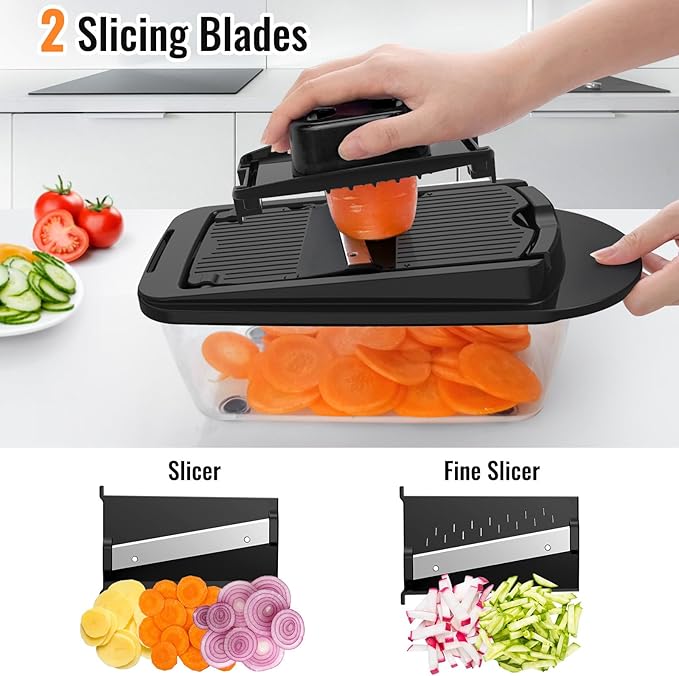 12 Blade All-in-1 Vegetable Chopper Mandoline Slicer with Container, Spiralizer with Containers, Food Chopper, Onion Chopper, Veggie Cutter for Salad, Kitchen Gadgets Accessories Essentials, Black