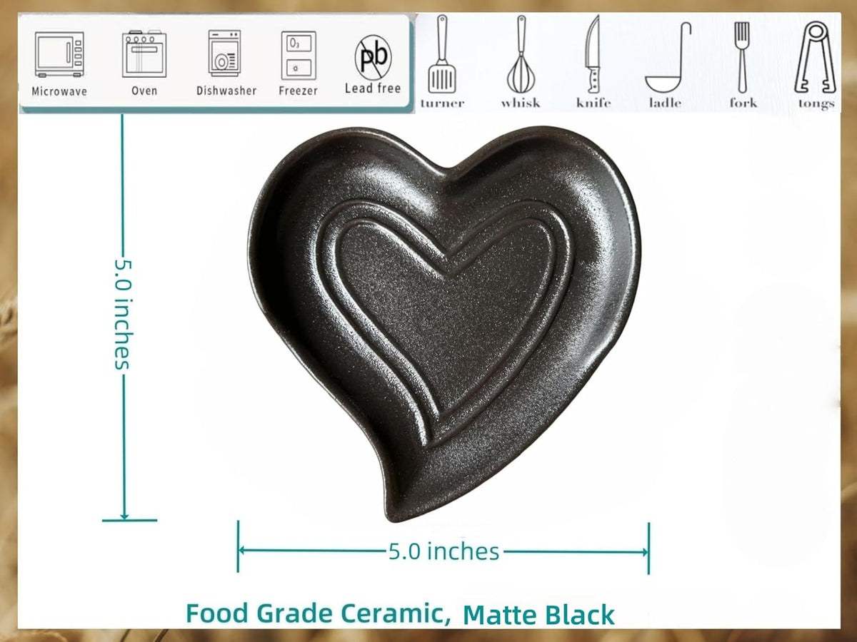 Ceramic Spoon Rest for Stove Top, Heart Cute Spoon Rest for Kitchen Counter, Cooking Spoon Holder for Kitchen Counter, Utensil Rest Spatula Rest Ladle Holder Tong Rest (Matte Black)