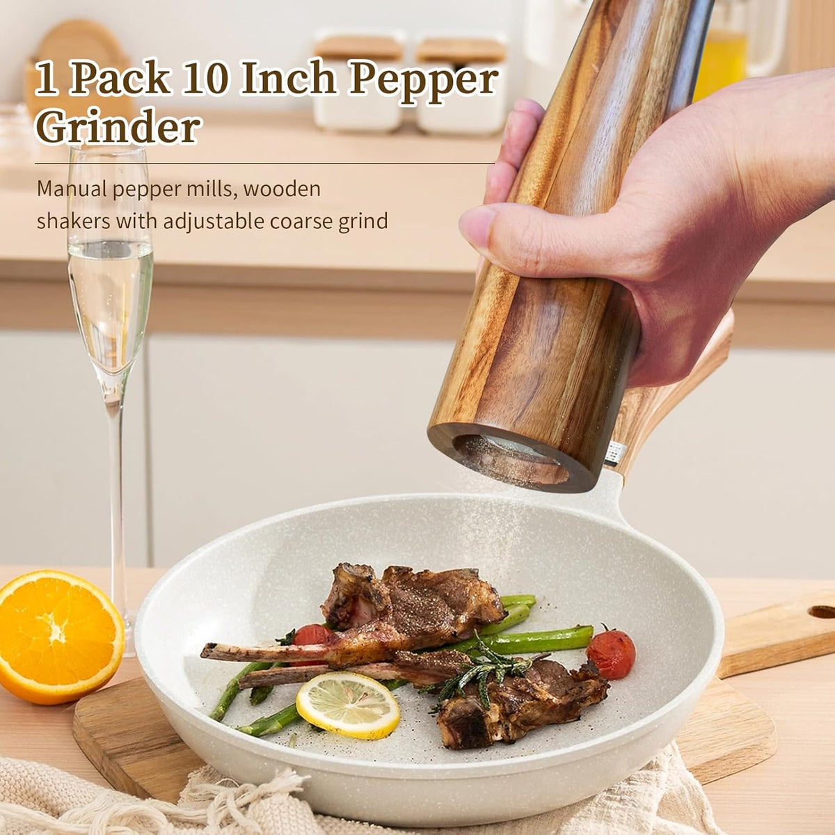 1 Pack - 10 Inch tall Acacia Wood Pepper Grinder or Salt Mill Elegant Pepper Mill Wooden with a Adjustable Ceramic Rotor and Easily Refillable - Wood Salt Grinder for Your Kitchen