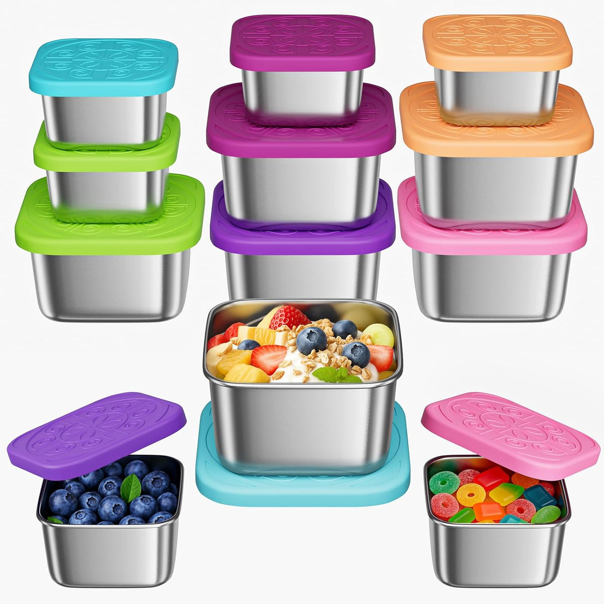 12Pack 6oz Stainless Steel Snack Containers and 2oz Salad Dressing To Go Containers with Silicone Lids, Reusable Square Meal Prep Condiment Sauce Containers Lunch Box Accessories