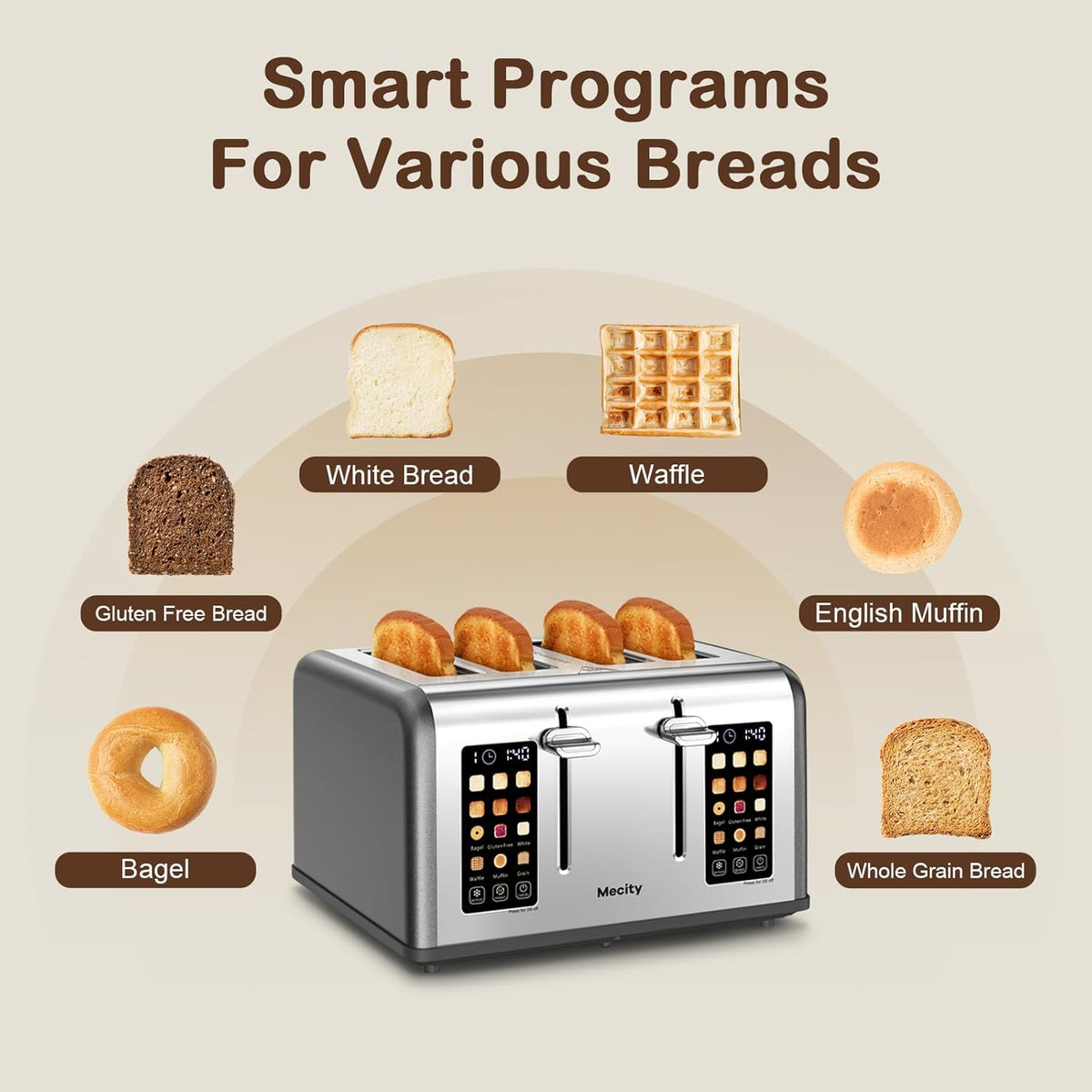 Mecity 4 Slice Toaster with Touch Screen Control, 4 Wide Slots, Stainless Steel Smart Bread Toaster for Bagels, Muffins, Waffles, Dual Control Panel, Timer, Defrost, Reheat, 120V 1650W, Pearl Grey