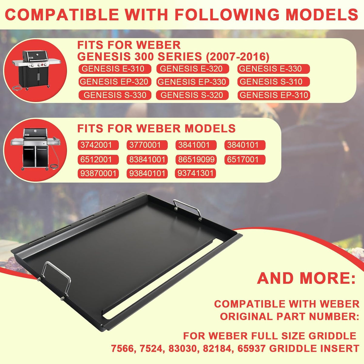 DcYourHome 7524 Griddle Insert for Weber Gas Grill Genesis 300 Griddle Genesis E310 S310 S320 E320 S330 EP320 EP310 EP330 Parts, Carbon Steel Full-Size Flat Top Griddle Plate with Handles, Heavy Steel
