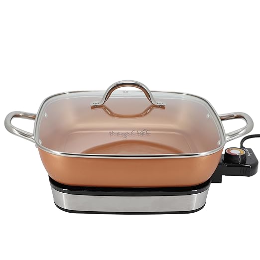 MegaChef Electric Fry Pan with Copper Non-Stick Coating, Tempered Glass Lid & Adjustable Temperature Control, Versatile Small Kitchen Appliance (11.81 Inch Fry Pan)