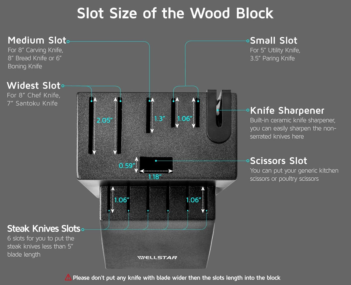 12 Slot Kitchen Knives Block, WELLSTAR Natural Wood Knife Holder without Knives – Hard Wood Countertop Knife Storage with Built-in Knife Sharpener - Black