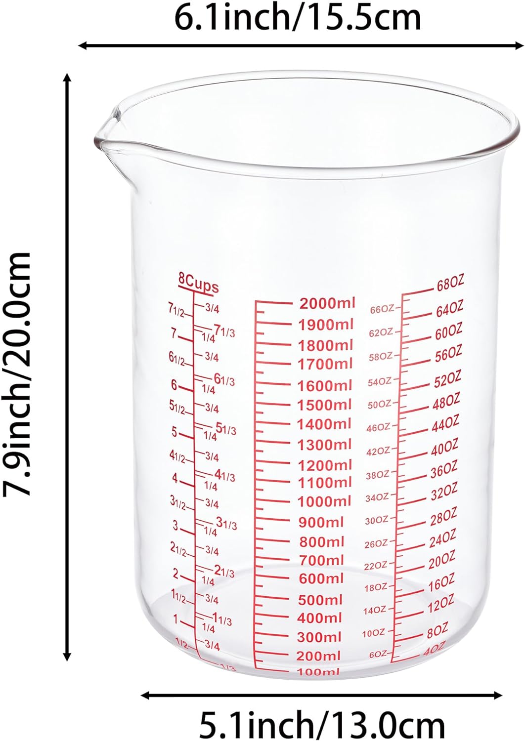 High Borosilicate Glass Measuring Cup-V-Shaped Spout，Glass Measuring Beaker for Kitchen or Restaurant, Easy to Read, 2000 ML (64 Oz, 8Cup)