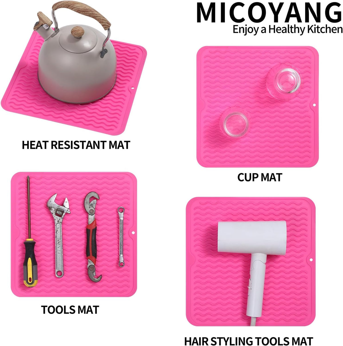 Silicone Dish Drying Mat for Multiple Usage,Easy clean,Eco-friendly,Heat-resistant Silicone Mat for Kitchen Counter or Sink,Refrigerator or Drawer liner Rose M 12 inches x 12 inches