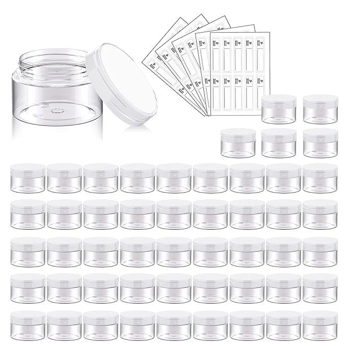 50 Pack 1 OZ Plastic Jars Round Clear Cosmetic Container with Clear Lids, Eternal Moment Slime Jars for Lotion, Cream, Ointments, Makeup, Eye shadow, Rhinestone, Samples, Pot, Travel Storage