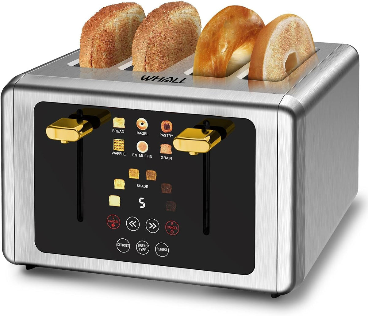 whall 4 Slice Touch Screen Toaster, Stainless Steel Toasters Digital Timer, Dual Control Panel Toasters，6 Shade Settings＆6 Bread Types, Smart Wide Slots, Bagel, Cancel, Defrost,Flat lever White