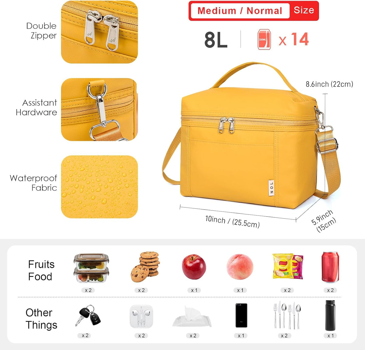 NOL Natural Organic Lifestyle Insulated Lunch Bags for Women Cooler Bag Lightweight Nylon Waterproof Lunch Box For Work (Earth-yellow, Medium(normal))