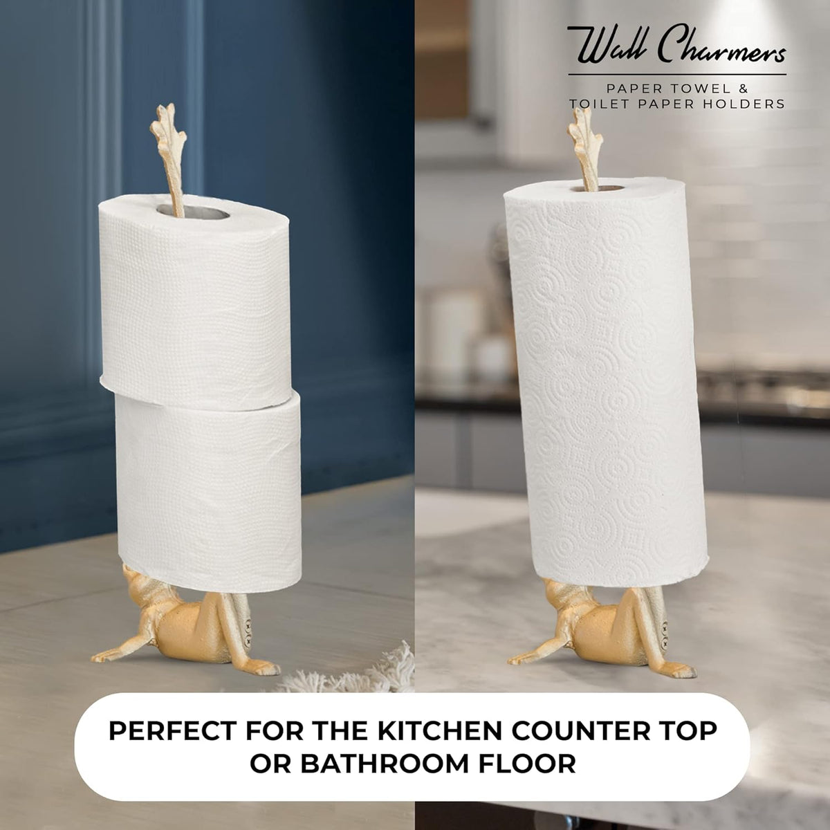 WallCharmers Gold Paper Towel Holder, Metal Toilet or Kitchen Paper Holder for Floor or Countertop, Gold Frog