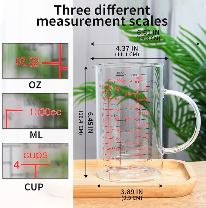 77L Glass Measuring Cup, [Double-Sided Measuring Scale, Insulated handle, V-Shaped Spout], High Borosilicate Glass Measuring Cup for Kitchen or Restaurant, Easy To Read, 1000 ML (1 Liter, 4 Cup)