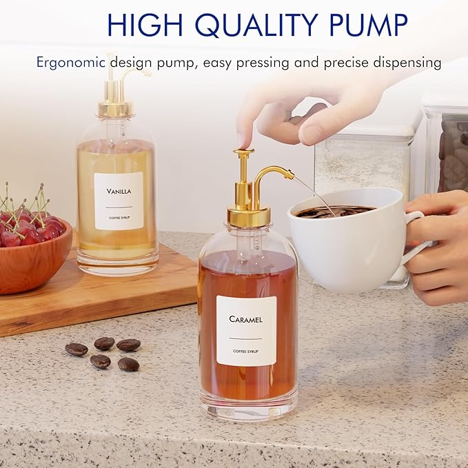 16.9 oz (500 ml) Coffee Syrup Dispenser Set - 2 Glass Bottles with Gold Pumper and Syrup Labels - Precise Dispensing and Stylish Addition to Coffee Shop, Cafe or Home Bar