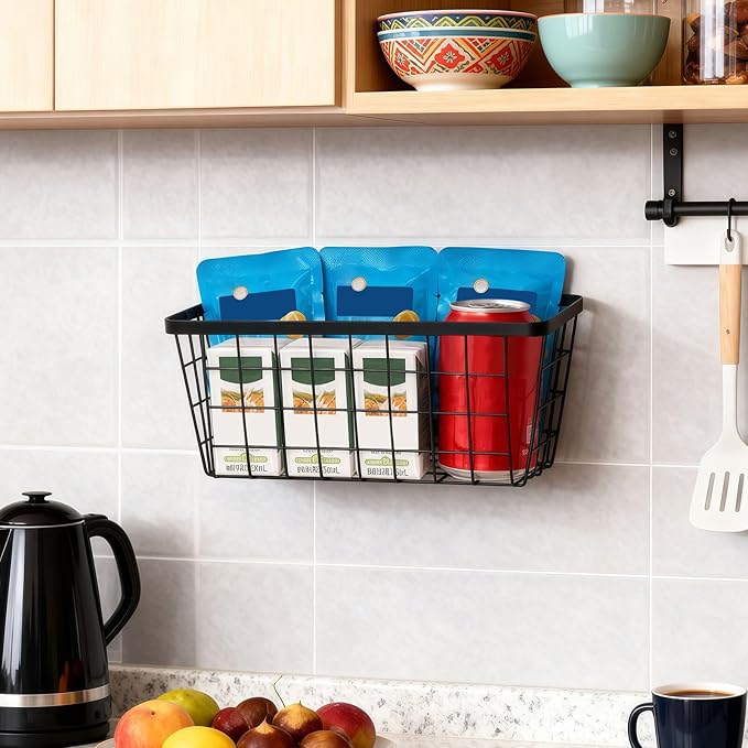 4 set Hanging Wall Basket Organizer,Over the Cabinet Door Wire Baskets for Organizing -Space-Saving Hanging Baskets for Organizing,Wall Mount Storage,No Drilling Adhesive Wall Storage Basket, Black
