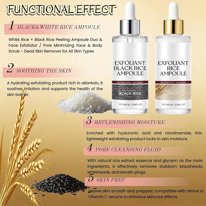 2PCS Peel Shot, Black and White Rice Peeling Ampoule, Rice Ampoule Duo Exfoliating Solution | Moisturizes and Nourishes for a Healthy Glow | Gentle Peel + Pore Minimizer for Face
