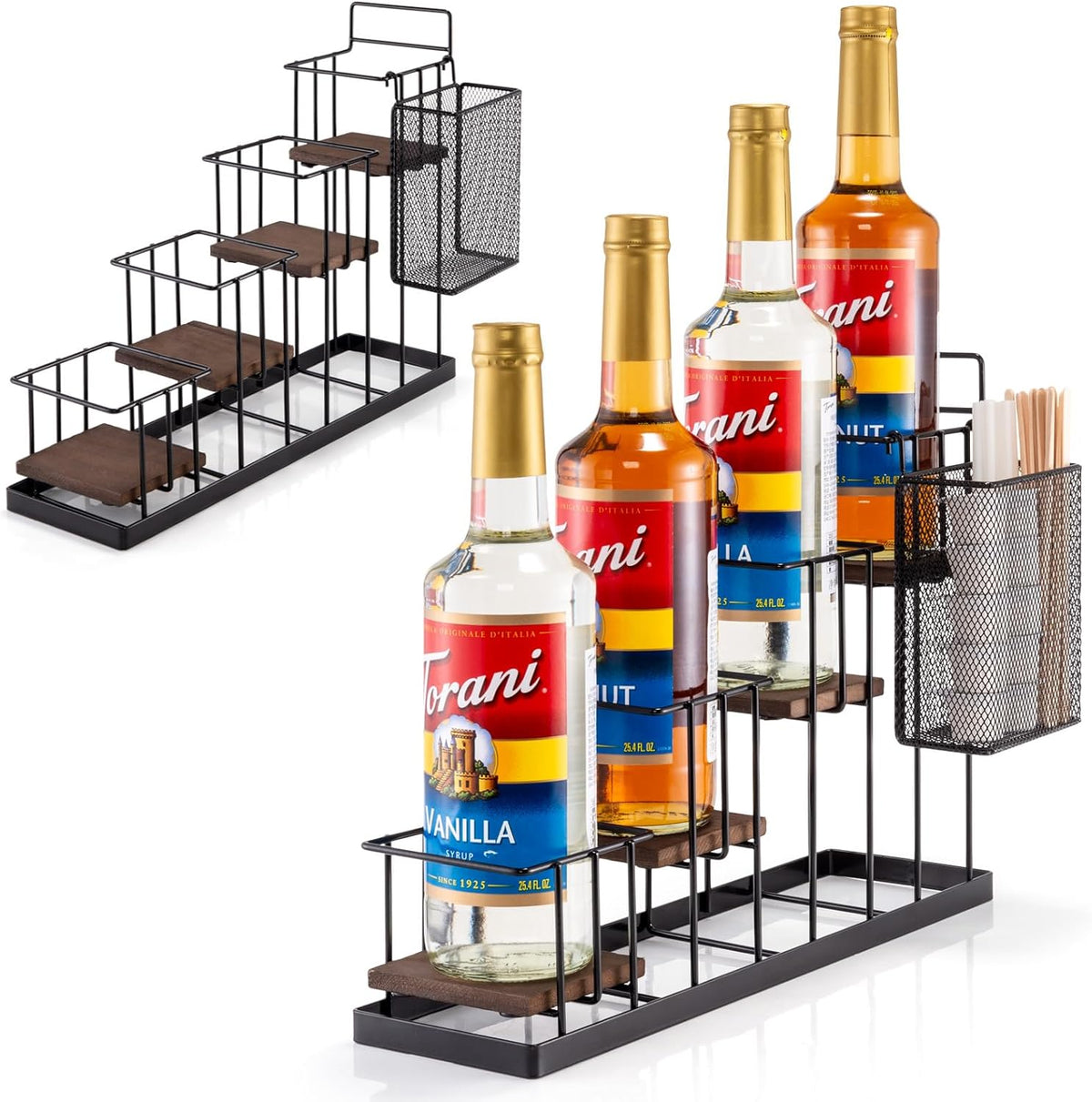 Coffee Syrup Rack Organizer, with Rustic Wood Holder Coffee Station Bar Accessory for Syrup, Wine, Dressing Bottle Countertop Display Storage Stand for Kitchen with Basket and Hooks Holds 4 Bottles