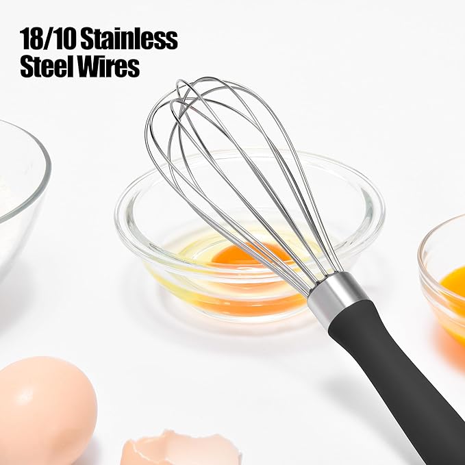 18/8 Stainless Steel Balloon Whisk, Doosu Kitchen Whisk for Cooking Handheld Egg Beater with Rust-Proof Sturdy Wires & Non-Slip Silicone Handle for Beating, Stirring, Blending (6 Wires, Black)