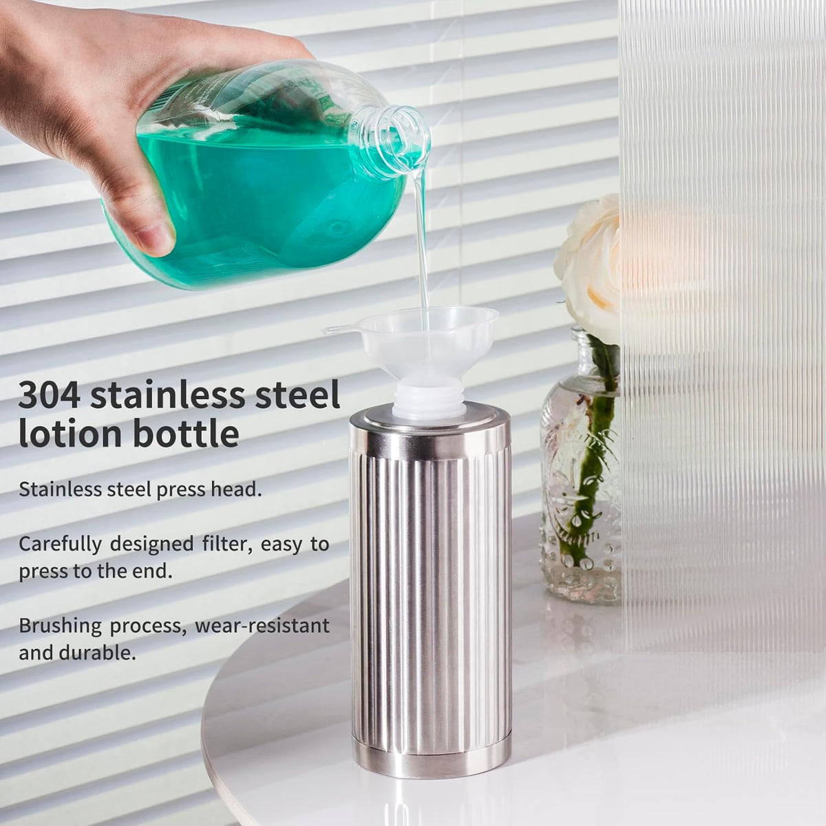 Modern Light Luxury Soap Dispenser with Funnel, Brushed Silver, 304 Stainless Steel, Metal Pump Hand Sanitizer Bottle for Bathroom and Kitchen (10.5 oz/300 ml)