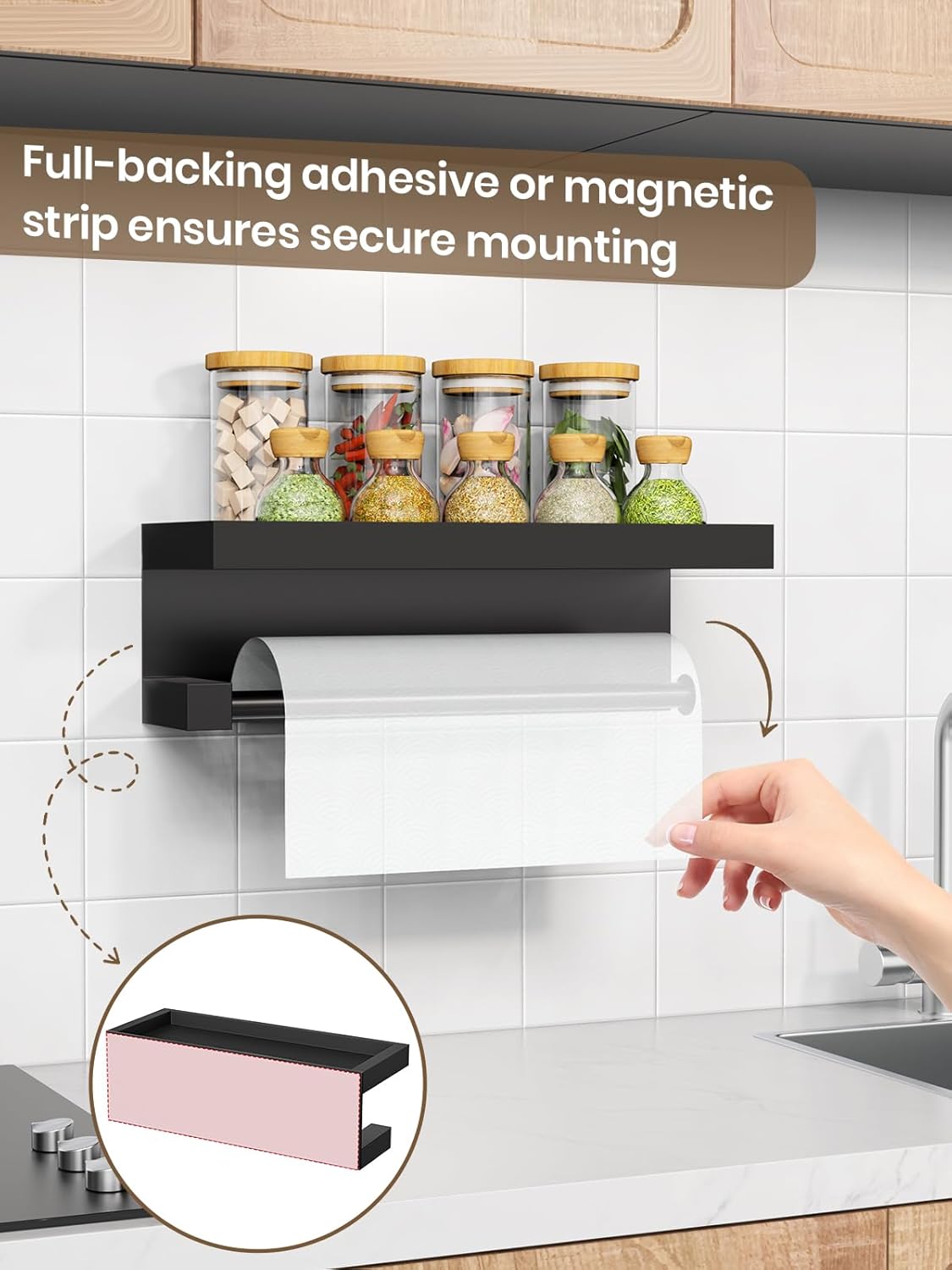 3-in-1 Paper Towel Holder Magnetic Adhesive Wall Mount - Paper Roll Holder with Shelf Under Cabinet, Kitchen Essentials for New Home Apartment Decor, RV Camper Organization Must Haves, Black