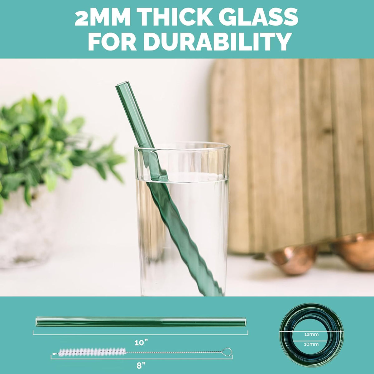 Simply Straws Wide Glass Straws (6-Pack) - 10in x 12mm Reusable Glass Smoothie Straws for Milkshakes, Juices & Slushies, with Cleaning Brush - Dishwasher Safe, Hot & Cold Use, BPA-Free (Meadow)