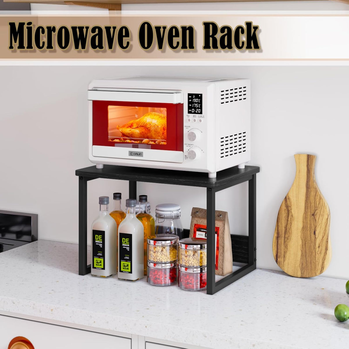 MARTY Kitchen Countertop Organizer Cabinet Shelf, 17x12.4 Large Spice Racks Counter Shelf Microwave Oven Rack Desktop Storage Organization for Kitchen, Office, Metal & Wood, Black