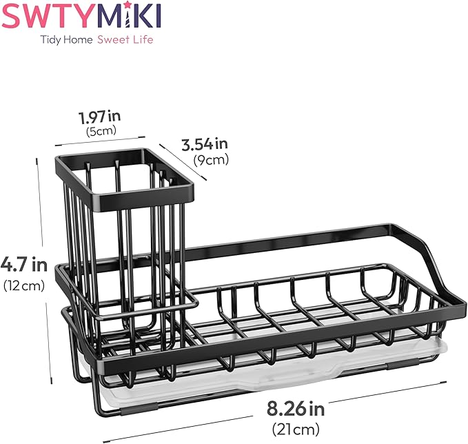 SWTYMIKI Sink Caddy Sponge Holder - Kitchen Sink Organizer with High Brush Holder for Countertop to Hold Dish Soaps and Sponges, Stainless Steel, Black
