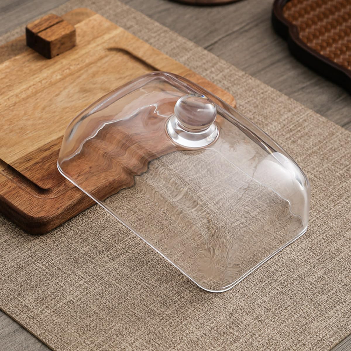 Acacia Wood Butter Dish with Knife and Glass Cover for Cheese, Butter, Cake, Dessert Serving Tray Elegant Kitchenware (1 knife)