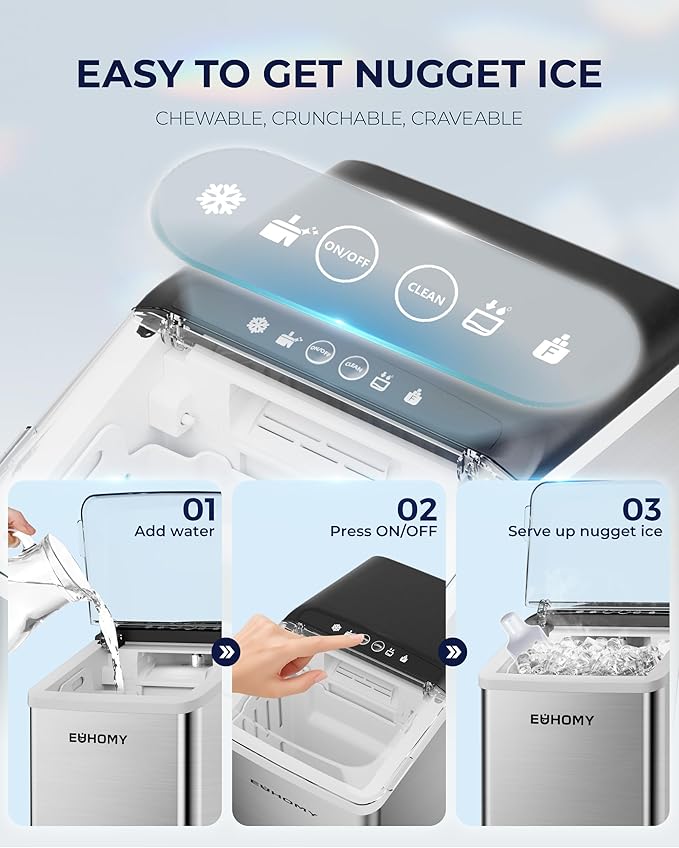EUHOMY Nugget Ice Maker Countertop, Max 40lbs/Day, Auto-Cleaning, 2Qt Reservoir, Compact Sonic Ice Maker with 2.5lbs Basket and Scoop, Soft Chewable Nugget Ice for Home/Party/RV/Camping (Stainless)