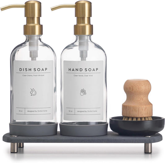 [Luxury] Kitchen Soap Dispenser Set - 16OZ Clear Glass Bottle, Stainless Steel Pump, Instant Dry Tray, Waterproof Labels, Non-Slip Silicone Pad, and Dish Brush | Upgrade for Your Kitchen and Bathroom