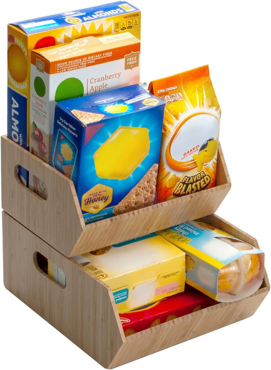 Mobilevision XL Versatile Bamboo Storage Bins for Pantry & Kitchen Cabinet Organizer Multi-Purpose / 2 Piece Stackable Set Larger Bins